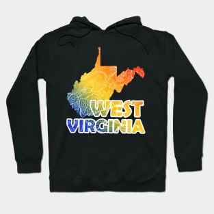 Colorful mandala art map of West Virginia with text in blue, yellow, and red Hoodie